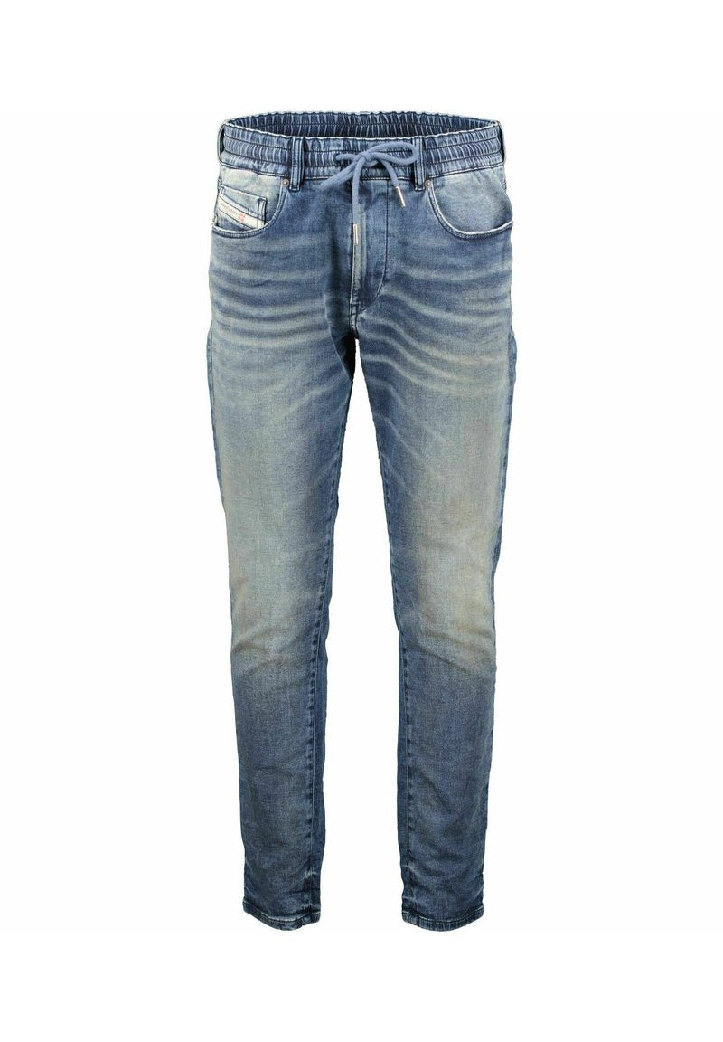 Blaue, ausgewaschene Denim-Jogginghosen mit elastischem Bund und Kordelzug, Vorder- und Gesäßtaschen, Slim-Fit-Schnitt und dezenten Wischdetails.