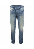 Blaue, ausgewaschene Denim-Jogginghosen mit elastischem Bund und Kordelzug, Vorder- und Gesäßtaschen, Slim-Fit-Schnitt und dezenten Wischdetails.