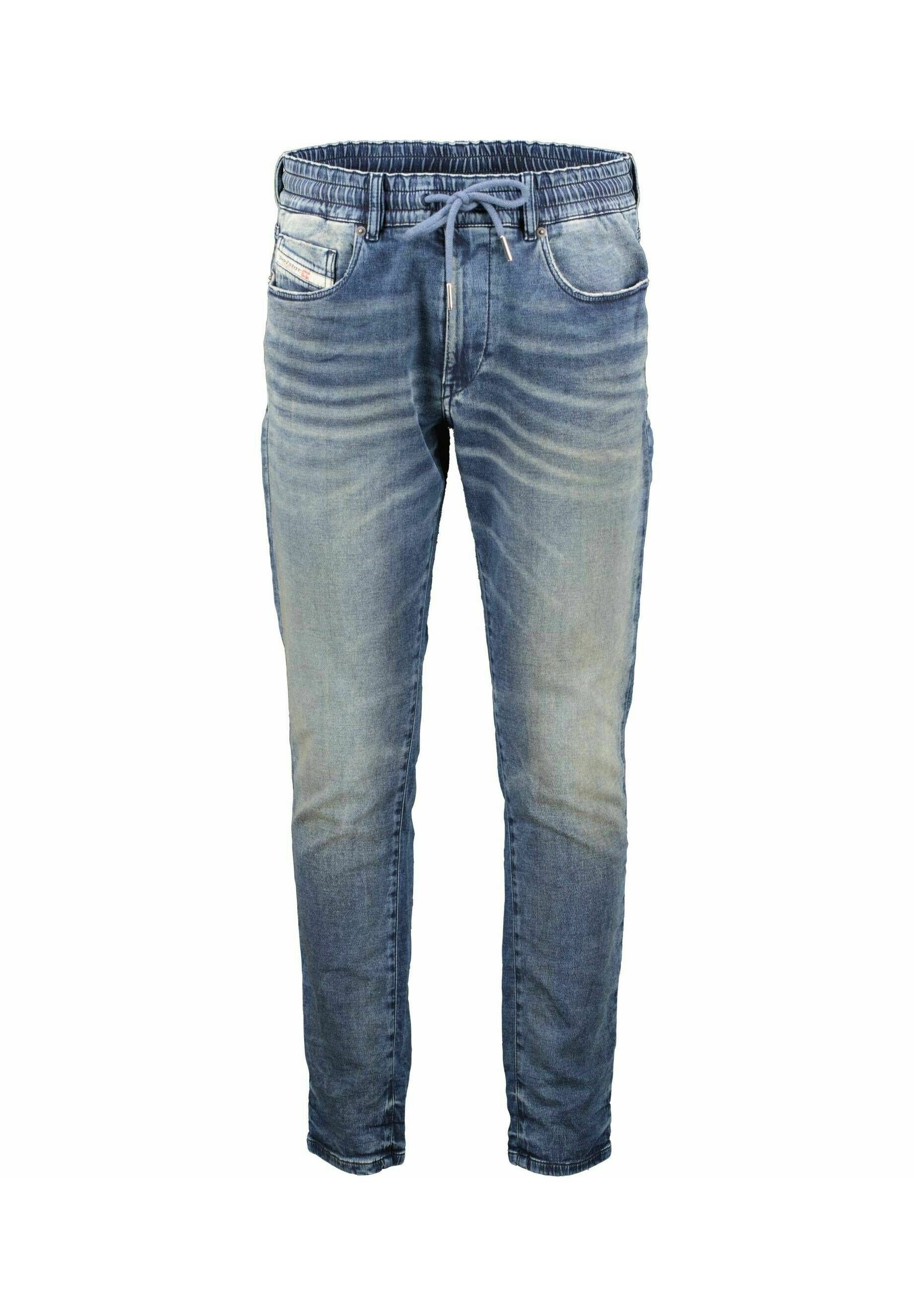 Blaue, ausgewaschene Denim-Jogginghosen mit elastischem Bund und Kordelzug, Vorder- und Gesäßtaschen, Slim-Fit-Schnitt und dezenten Wischdetails.