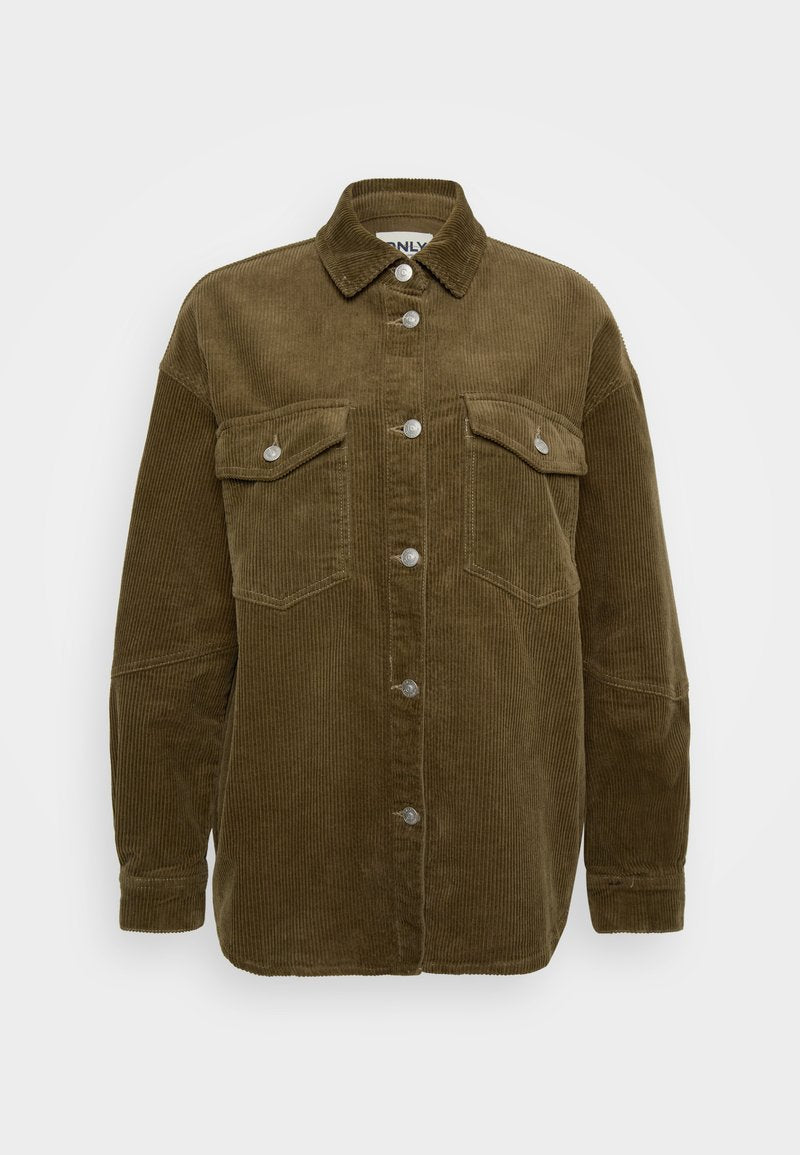 Khakifarbene Cordura-Hemdjacke mit Kragen, silbernen Knöpfen und zwei Brusttaschen. Sie hat eine lockere Passform und eine gerippte Textur.