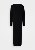 Langes schwarzes geripptes Kleid mit runder Ausschnitt, langen Ärmeln, seitlichen Schlitzen und strukturiertem Stoff. Entworfen für eine figurbetonte Silhouette.