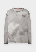 Langärmliges, hellgraues Diesel-Sweatshirt mit dezentem abstraktem Print und kontrastierenden schwarzen Nahtdetails entlang des Halsausschnitts, der Bündchen und des Saums.