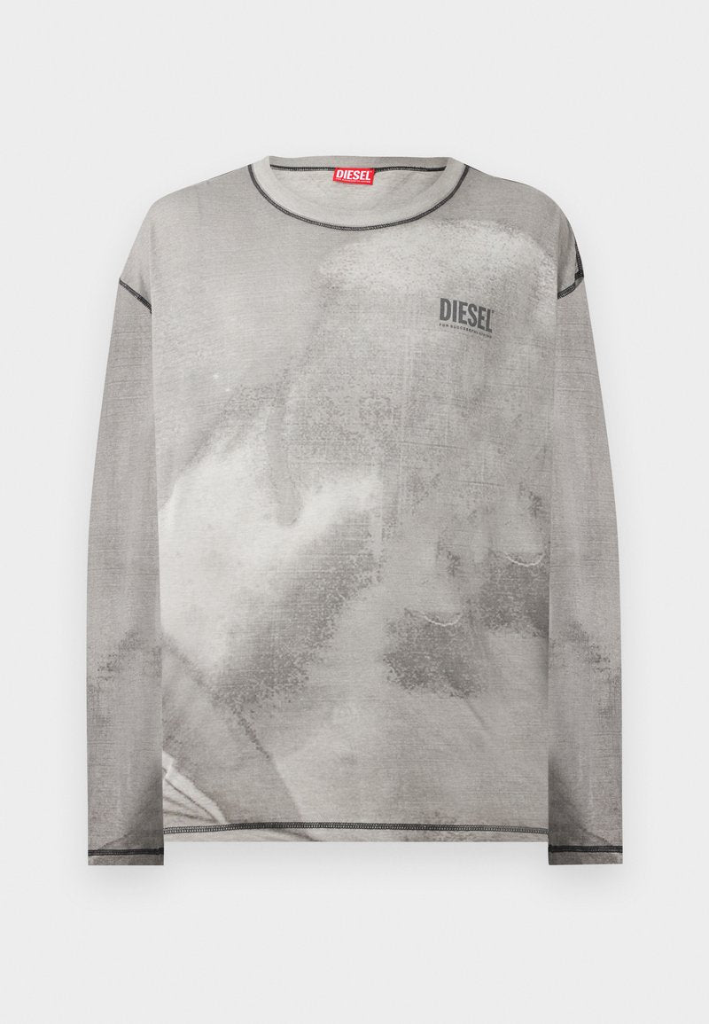 Langärmliges, hellgraues Diesel-Sweatshirt mit dezentem abstraktem Print und kontrastierenden schwarzen Nahtdetails entlang des Halsausschnitts, der Bündchen und des Saums.