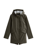 Olivgrüne wasserdichte Jacke mit Kapuze, Druckknopfverschluss und zwei Fronttaschen. Glattes, leichtes Material mit verstellbaren Kordeln.