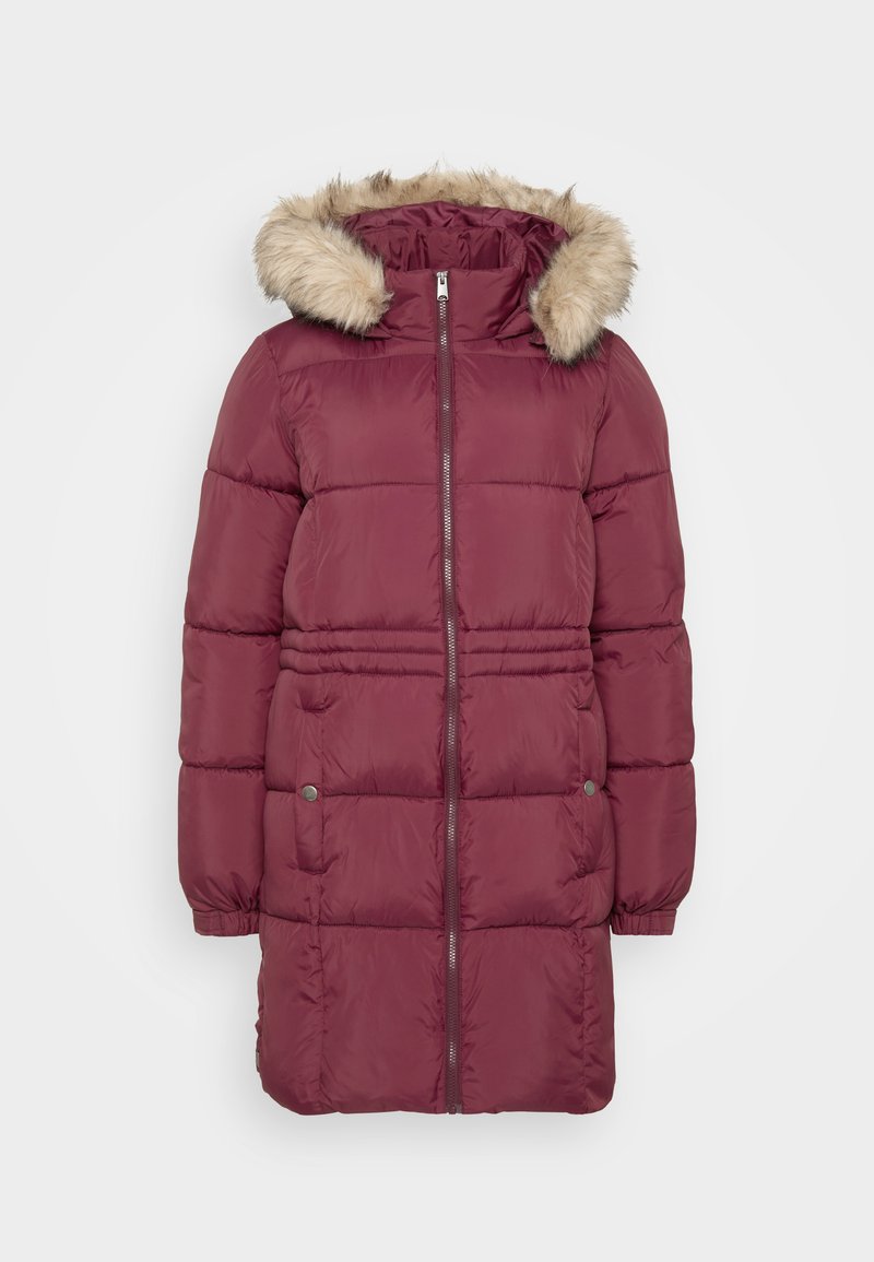 Burgunderfarbene gepolsterte Winterjacke mit Reißverschluss vorne, fellgefütterter Kapuze, strukturiertem Oberflächenmaterial, elastischen Bündchen und Seitentaschen.