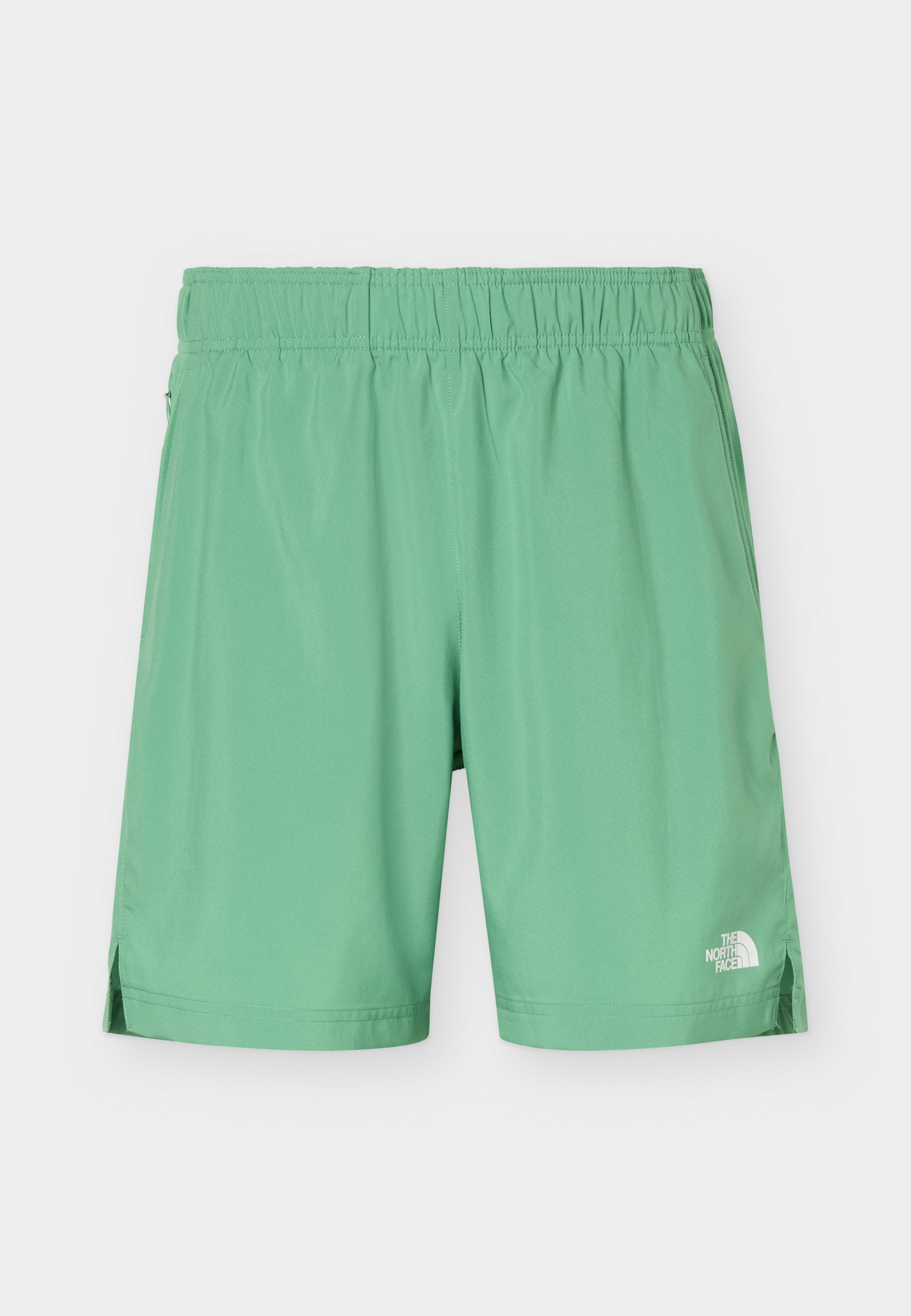 Hellgrüne Sportshorts mit elastischem Bund, seitlichen Schlitzen und kleinem weißem The North Face Logo am unteren rechten Bein.
