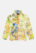 Leichte Jacke mit hohem Kragen, die ein abstraktes Muster aus gelben, blauen und orangefarbenen Pinselstrichen sowie pinken Reißverschlussdetails aufweist.
