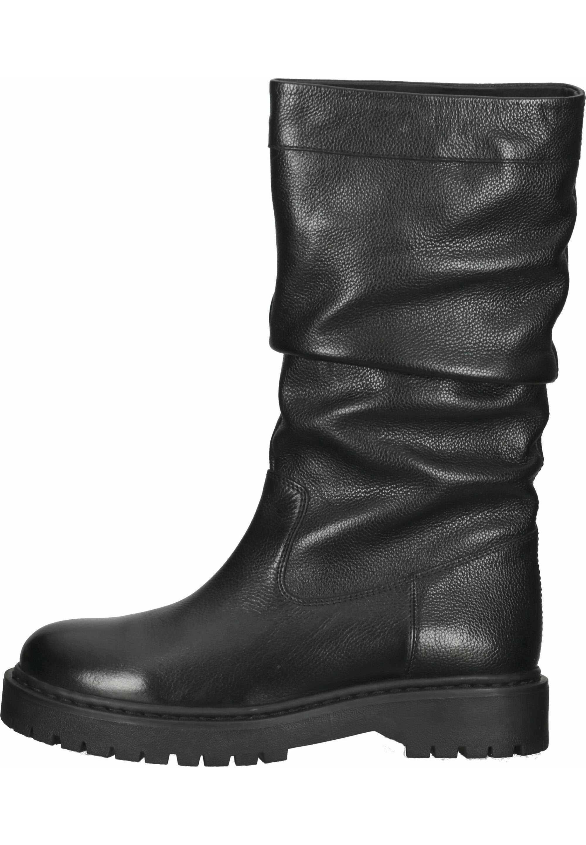 Schwarze Lederstiefel mit einem lässigen Design, gerippter Textur, abgerundetem Zehenbereich und dicker Gummisohle. Merkmale sind minimale Nähte und keine sichtbaren Beschläge.