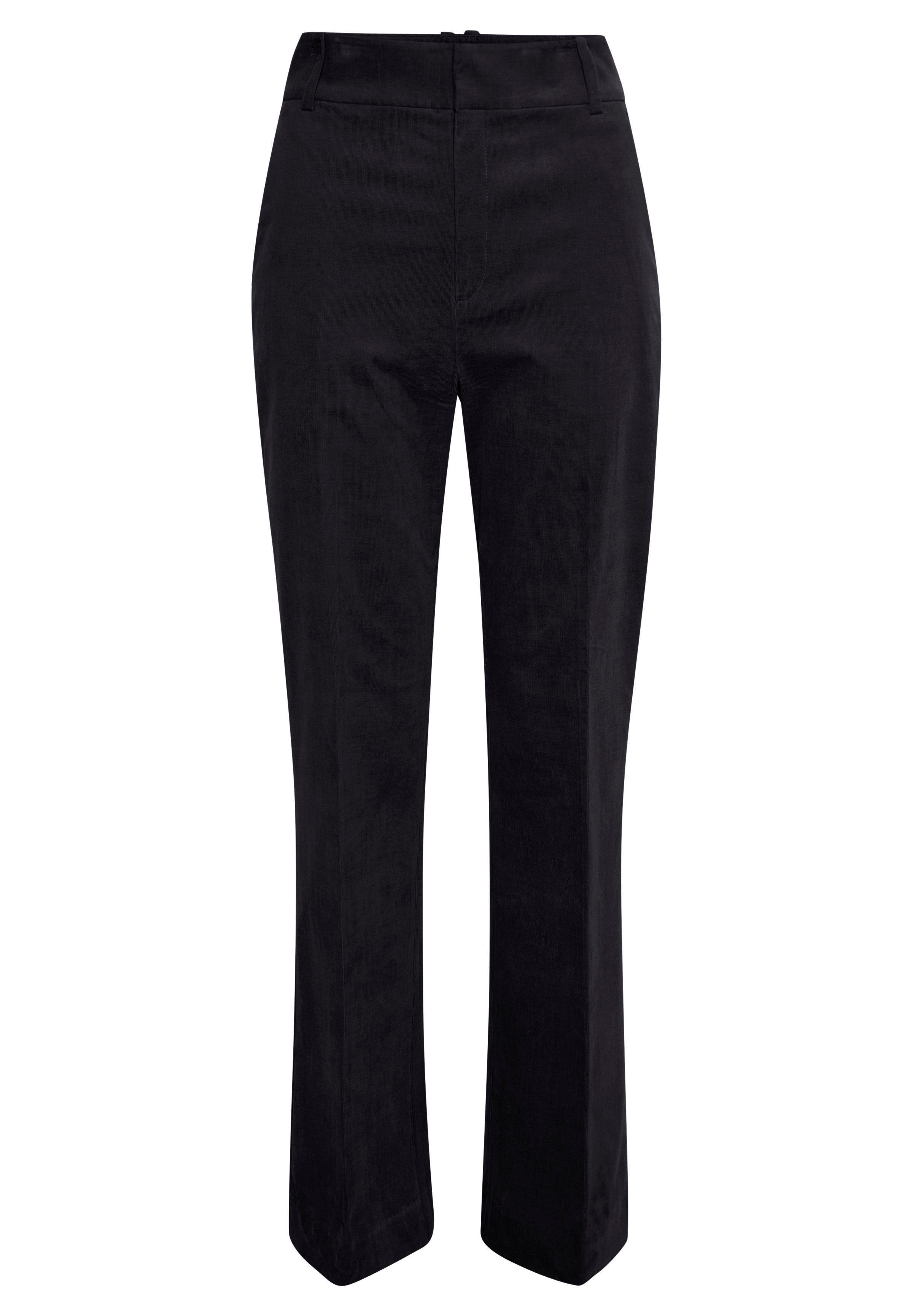 Schwarze, weite Hosen aus einem glatten Stoff. Verfügt über einen mittelhohen Bund, Fronttaschen und eine klare, taillierte Silhouette.