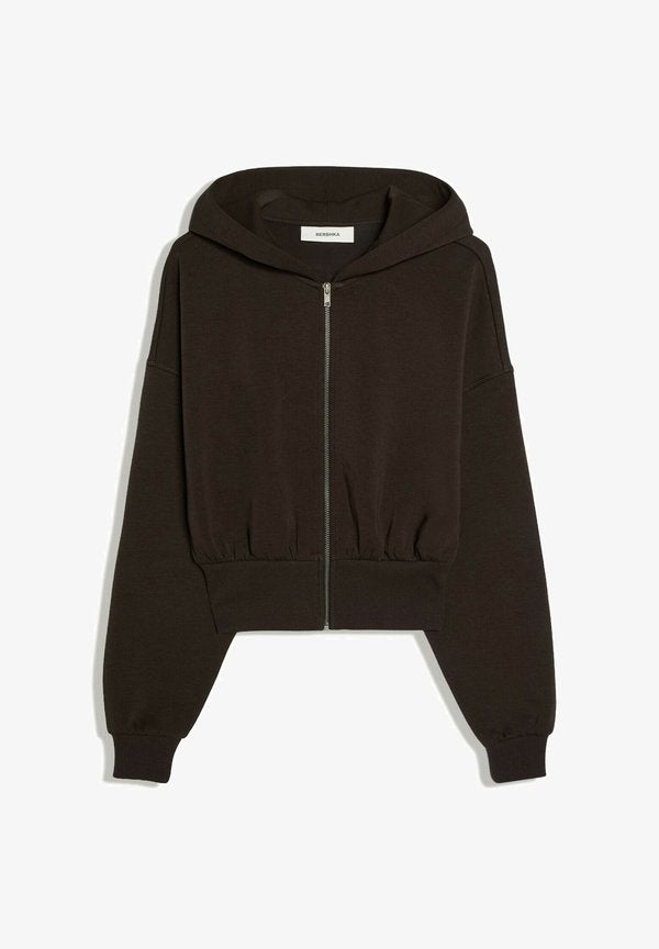 Bershka ZIP-UP WITH WAISTBAND - HOODIE - Zip-up sweatshirt - dark brown