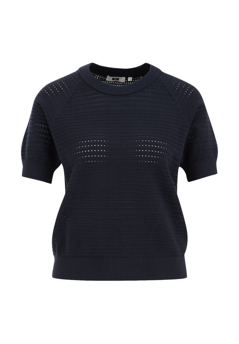 Marineblauer Strickpullover mit kurzen Ärmeln, der ein strukturiertes Design mit horizontalen Streifen und kleinen Ausschnittdetails aufweist.