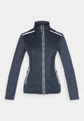 Dunkelblaue Damen-Sportjacke mit Reißverschluss, langen Ärmeln, hohem Kragen, weißem Besatz und seitlichen Reißverschlusstaschen.