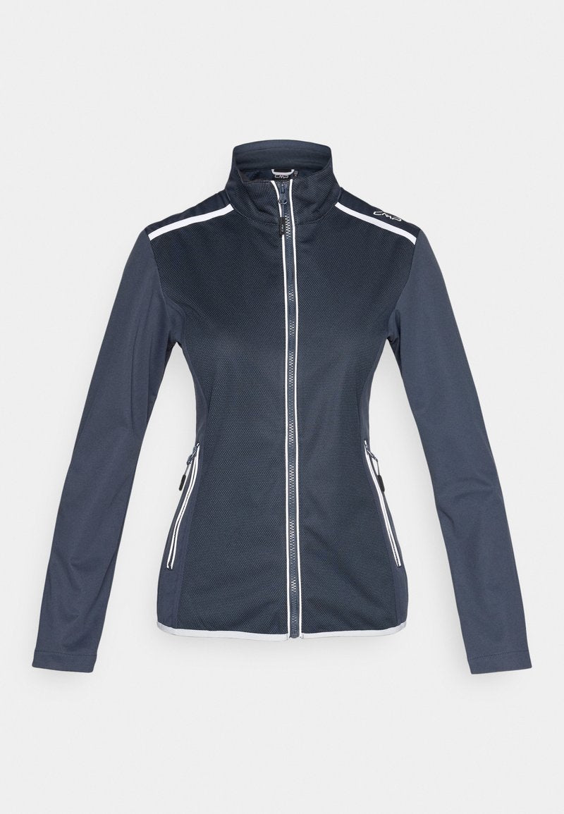 Dunkelblaue Damen-Sportjacke mit Reißverschluss, langen Ärmeln, hohem Kragen, weißem Besatz und seitlichen Reißverschlusstaschen.