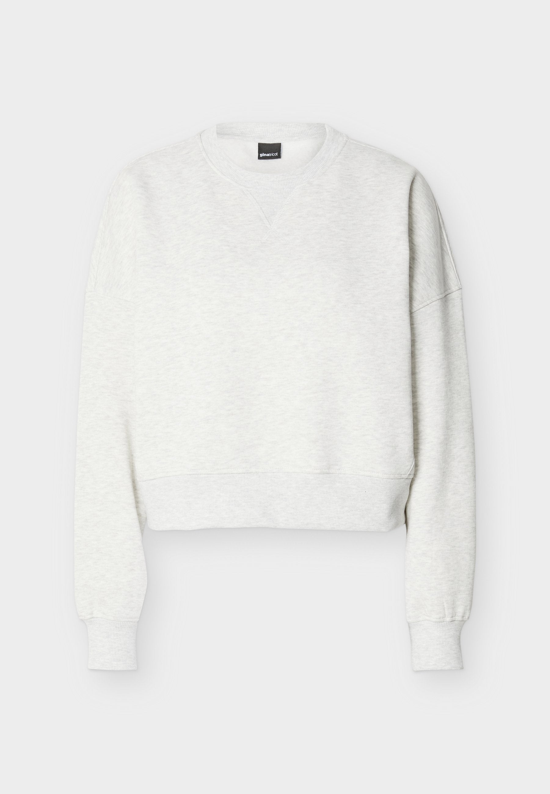 Hellgraues, kurz geschnittenes Sweatshirt mit Rundhalsausschnitt, langen Ärmeln und gerippten Bündchen und Saum.