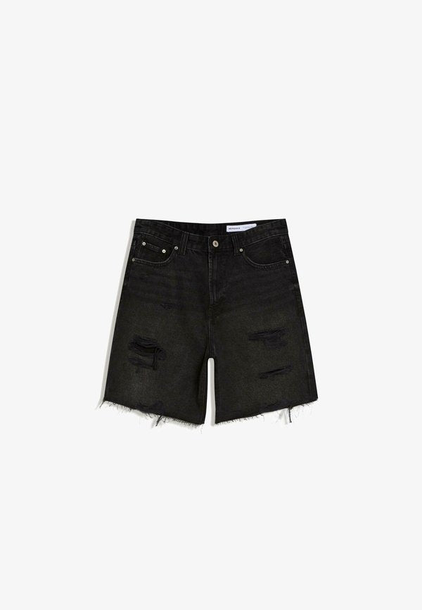 Bershka DESTROYS - Denim shorts - black