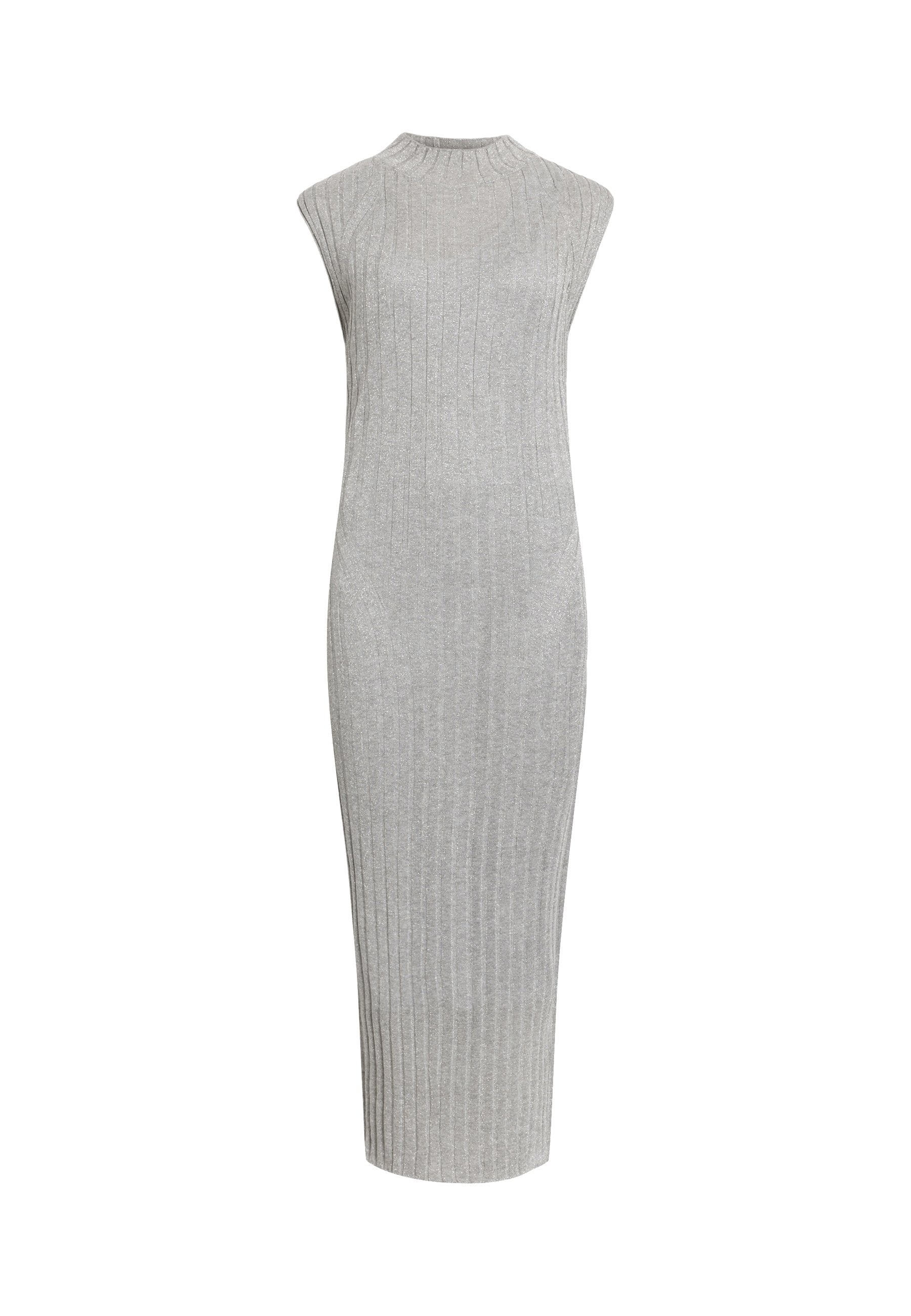 Graues, geripptes Midikleid mit einem Stehkragen und ärmellosem Design. Es hat eine figurbetonte Silhouette und eine glatte Textur.