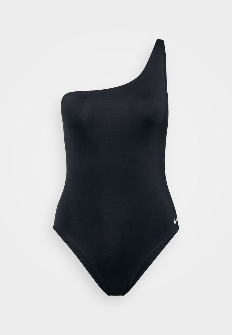 Schwarzer Ein-Schulter-Badeanzug aus glattem Stoff. Verfügt über ein elegantes Design mit einem kleinen, weißen Nike-Logo auf der unteren rechten Seite.