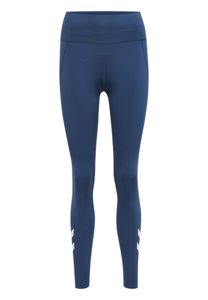 Marineblaue, hochgeschnittene Leggings aus einem glatten, elastischen Material. Verfügt über eine Seitentasche und weiße Akzentstreifen nahe dem Saum.