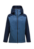Wasserabweisende Jacke in Blau und Marineblau mit Kapuze, Reißverschluss, zwei Fronttaschen und verstellbaren Bündchen. Glatte Textur und sportliches Design.