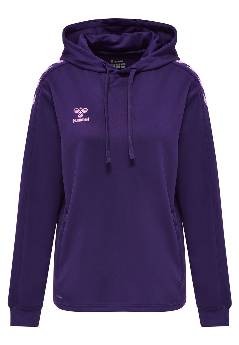 Lila Kapuzenpullover aus Stoff mit einer Fronttasche, mit pinken Schulterakzenten und einem Logo auf der Brust. Lange Ärmel mit gerippten Bündchen.