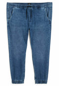 Denim-Jogginghosen in einem mittleren Blauton mit einem elastischen Bund und Kordelzug, seitlichen Taschen und elastischen Bündchen an den Knöcheln.