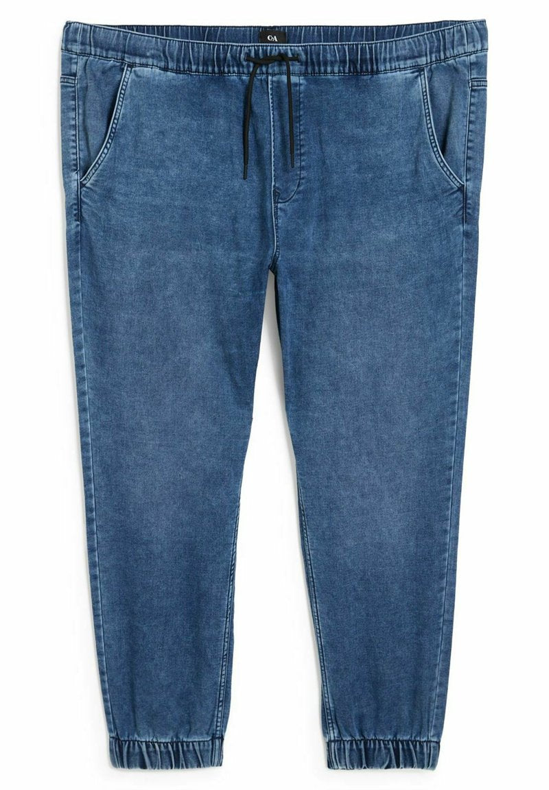 Denim-Jogginghosen in einem mittleren Blauton mit einem elastischen Bund und Kordelzug, seitlichen Taschen und elastischen Bündchen an den Knöcheln.