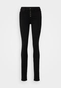 Schwarze, hoch sitzende Skinny-Jeans aus Denim, mit fünf Knöpfen an der Front, Gürtelschlaufen und einer glatten Textur.