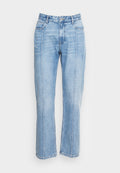 Hellblaue Jeans aus Denim mit geradem Bein, zwei vorderen Taschen, Knopfverschluss und sichtbaren Nähten entlang der Nähte.