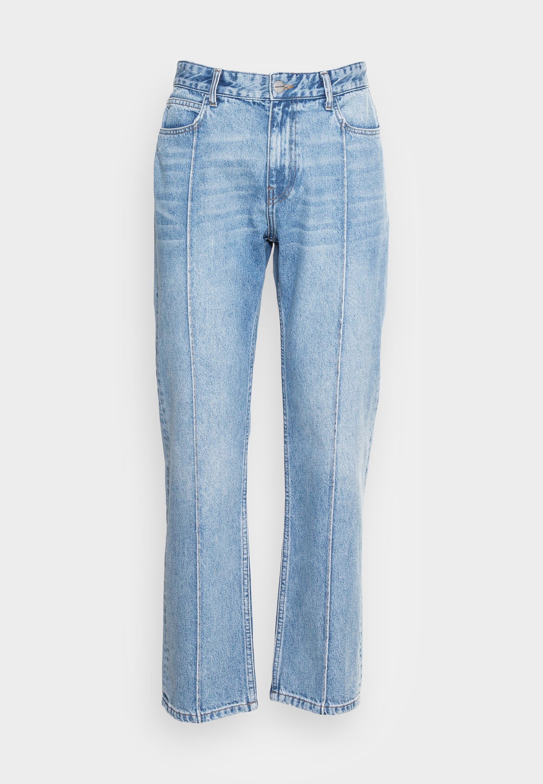 Hellblaue Jeans aus Denim mit geradem Bein, zwei vorderen Taschen, Knopfverschluss und sichtbaren Nähten entlang der Nähte.