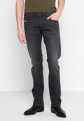 Dunkelgraue Jeans mit Slim Fit, gefertigt aus Denim. Verfügen über ein klassisches Fünf-Taschen-Design und dezente Nähte.