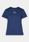 Dunkelblaues T-Shirt aus weicher Baumwolle mit Rundhalsausschnitt, kurzen Ärmeln und einem weißen Logo mit der Aufschrift "PARIS SAINT-GERMAIN" auf der Brust.