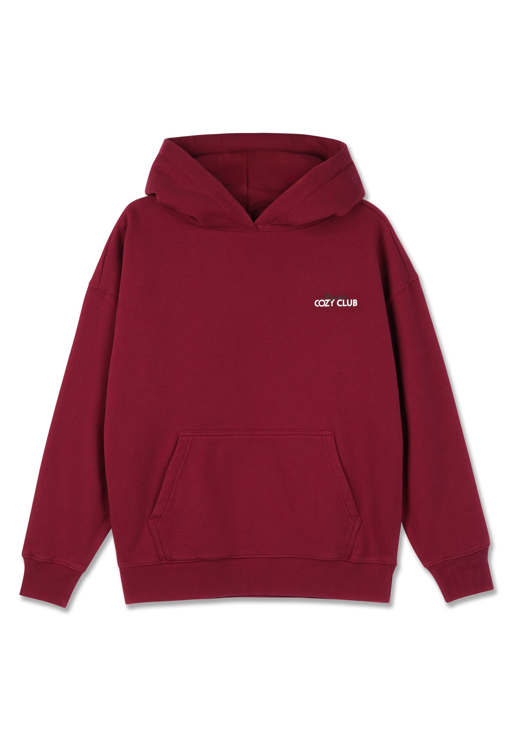 Burgunderfarbene Kapuzenjacke mit frontaler Tasche, weiten Ärmeln und Kapuze mit Zugband. "COZY CLUB"-Logo in Weiß auf der linken Brust. Weiches Baumwollmaterial.
