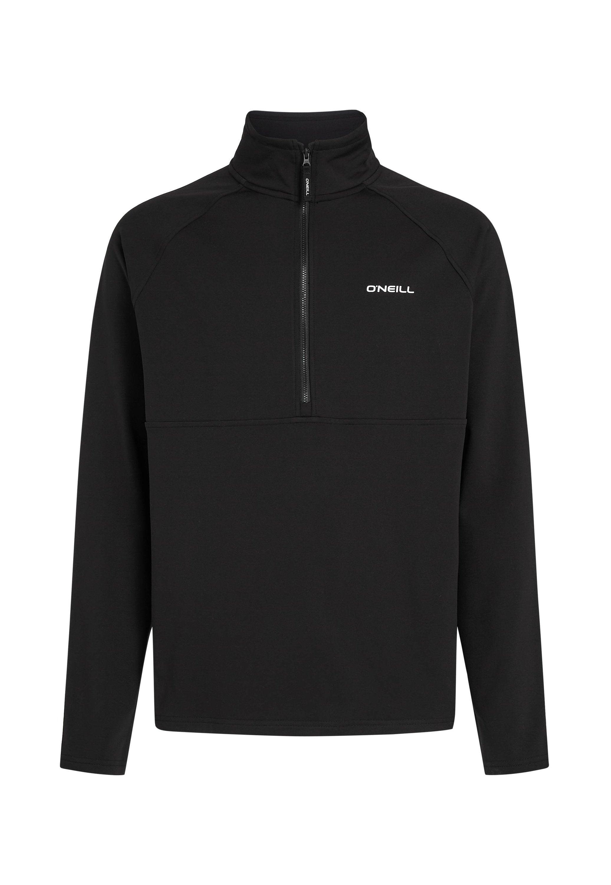 Schwarzer Pullover mit hohem Kragen, Teilreißverschluss und langen Ärmeln. Verfügt über ein elegantes Design mit einem weißen "O'Neill"-Logo auf der Brust.