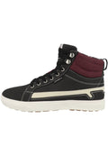 High-Top Sneaker aus schwarzem Kunstleder, mit kragen aus burgunderrotem Filz, weißen Akzenten und dicker weißer Sohle. Verfügt über schwarze Schnürsenkel und Metallösen.