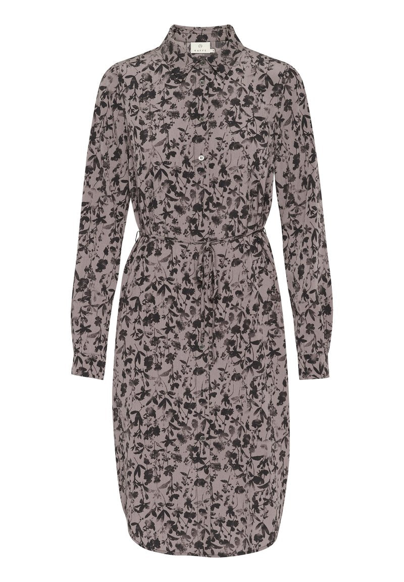 Langärmliges Kleid in hellem Mauve mit schwarzem Blumenmuster; verfügt über eine Knopfleiste vorne, einen Kragen und einen Zugbandbund zur Anpassung der Passform.