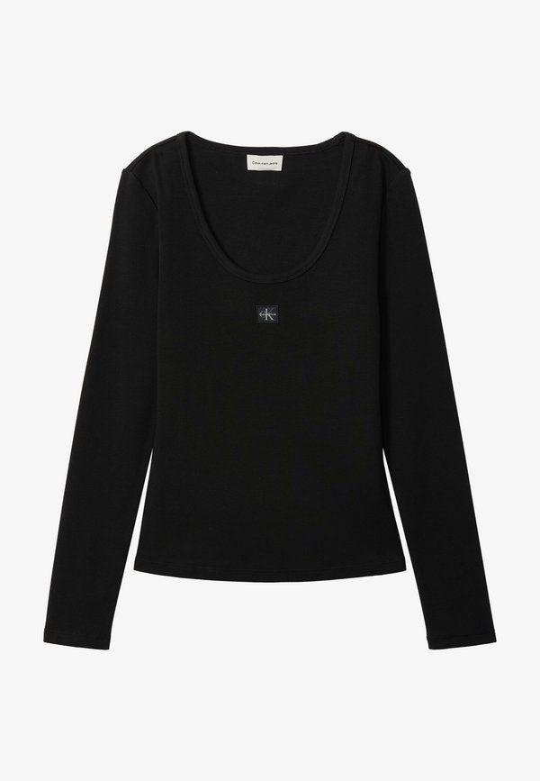 Calvin Klein Jeans LS WOVEN LABEL 2X2 RIB SCOOP NEC - Long sleeved top - black