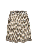Gestufter Rock aus leichtem Stoff mit Chevron-Muster in Beige, Braun und Schwarz. Elastischer Bund und Rüschensaum.