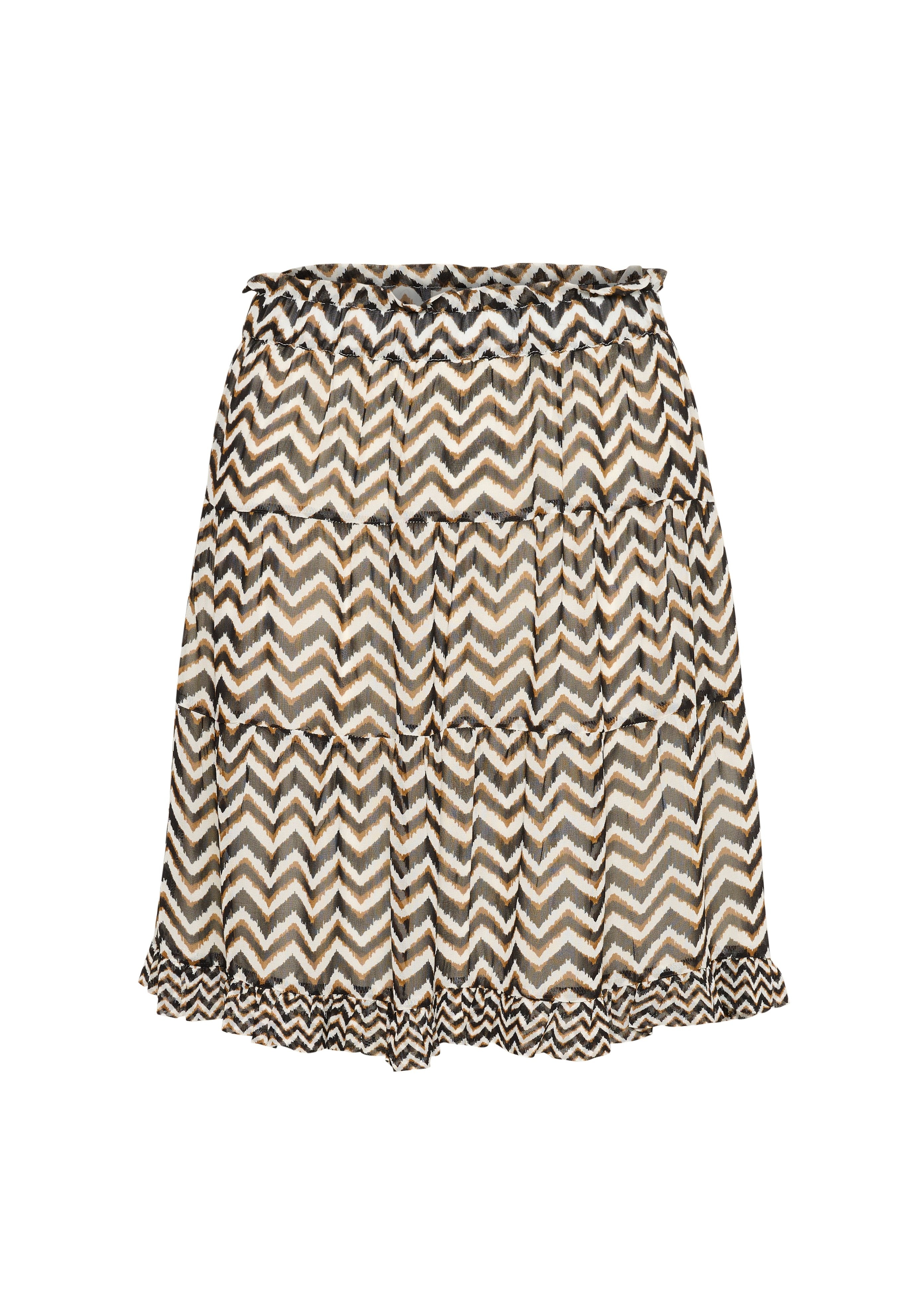 Gestufter Rock aus leichtem Stoff mit Chevron-Muster in Beige, Braun und Schwarz. Elastischer Bund und Rüschensaum.