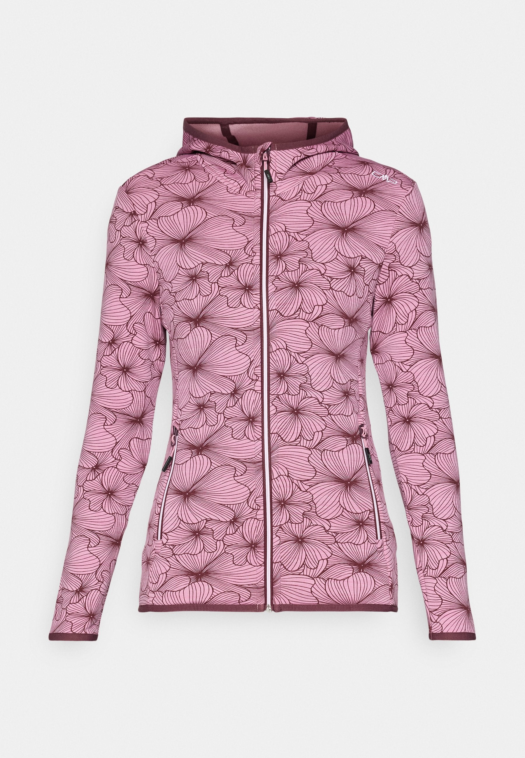 Hoodie in zartem Rosa mit dunklem Blumenmuster. Aus weichem Material gefertigt, mit einem durchgehenden Reißverschluss und seitlichen Taschen.