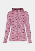 Hoodie in zartem Rosa mit dunklem Blumenmuster. Aus weichem Material gefertigt, mit einem durchgehenden Reißverschluss und seitlichen Taschen.