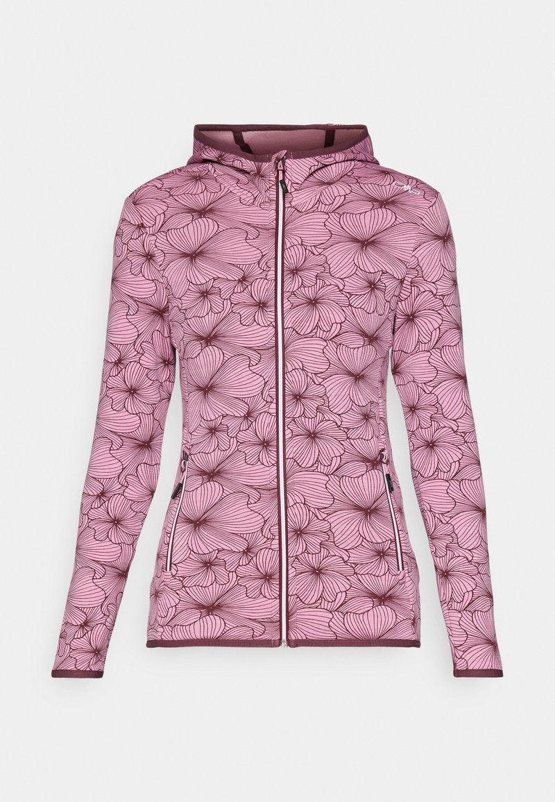 Hoodie in zartem Rosa mit dunklem Blumenmuster. Aus weichem Material gefertigt, mit einem durchgehenden Reißverschluss und seitlichen Taschen.