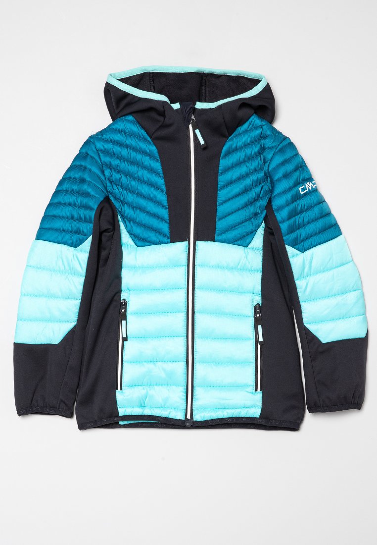 Blauer und türkisfarbener, gefütterter Winterjacke mit Kapuze. Sie verfügt über einen Reißverschluss an der Vorderseite, zwei seitliche, mit Reißverschluss verzierte Taschen und eine gesteppten Textur an Schultern und Ärmeln.