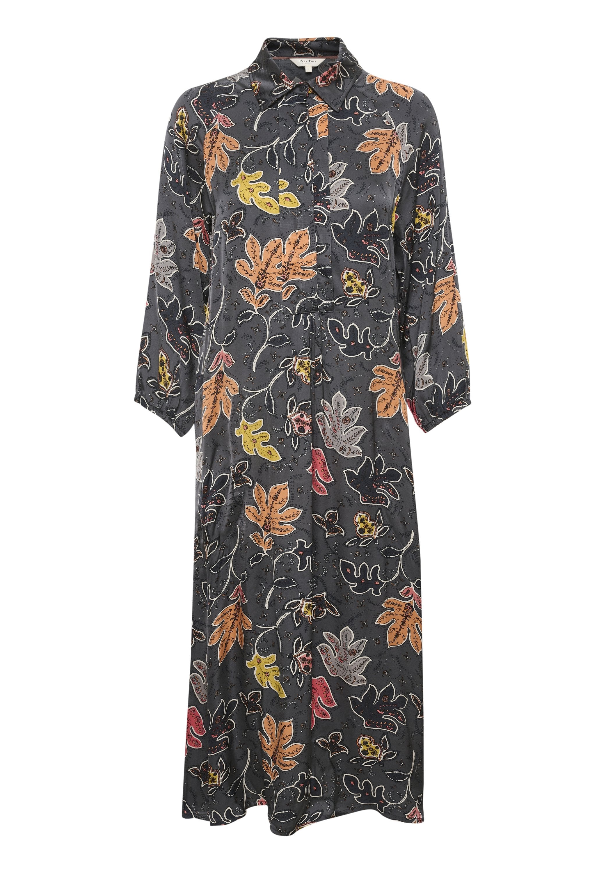 Langes dunkelgraues Hemdkleid mit orangefarbenen, gelben, roten und beigefarbenen Blattmustern sowie langen Ärmeln mit elastischen Bündchen.