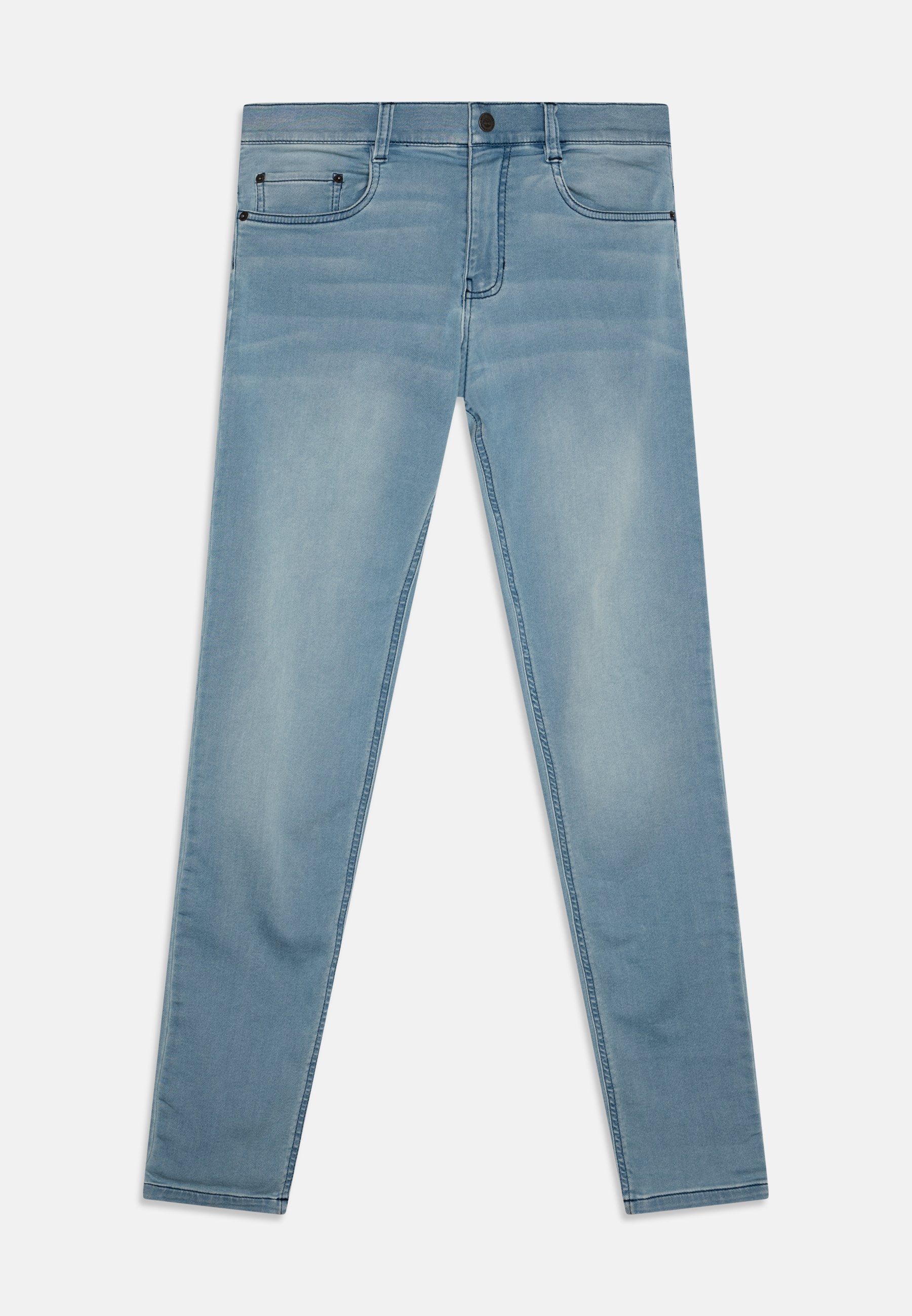 Hellblaue Denim-Jeans mit einem Fünf-Taschen-Design. Sie verfügen über einen geraden Schnitt, dezente Verwaschungen und einen Knopfverschluss am Bund.