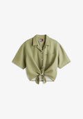 Tommy Jeans RELAXED FIT LINEN BLEND TIE FRONT SHIRT - Button-down blouse - bay leaf