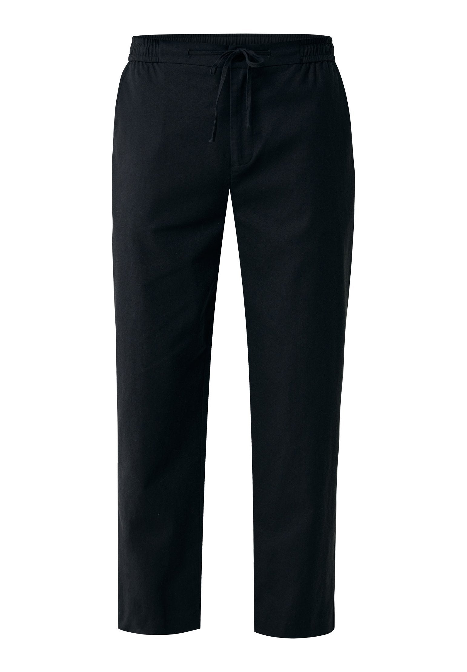 Schwarze, taillierte Hose aus leichtem Stoff. Sie verfügt über einen elastischen Bund mit Kordelzug und eine glatte, unstrukturierte Oberfläche.
