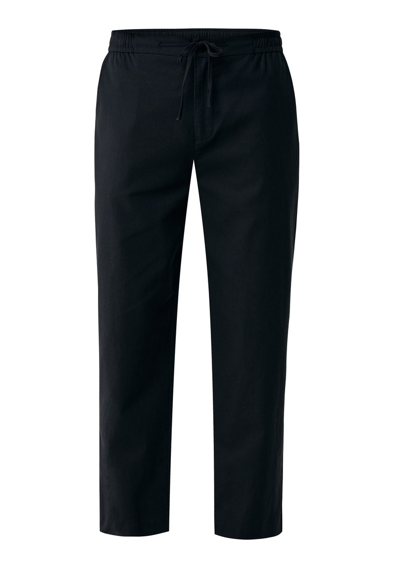 Schwarze, taillierte Hose aus leichtem Stoff. Sie verfügt über einen elastischen Bund mit Kordelzug und eine glatte, unstrukturierte Oberfläche.