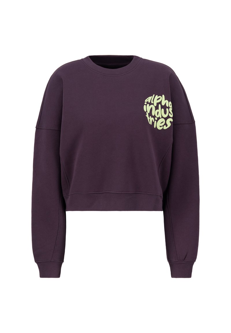 Lila gekürzter Sweatshirt aus weichem Stoff, mit einem großen hellgrünen Logo auf der linken Brust und gerippten Bündchen.