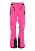 Rosa Schneehose mit kontrastierenden schwarzen Akzenten. Merkmale sind verstellbare Taille, seitliche Reißverschlusstaschen und Cargotaschen. Strapazierfähiges Material.