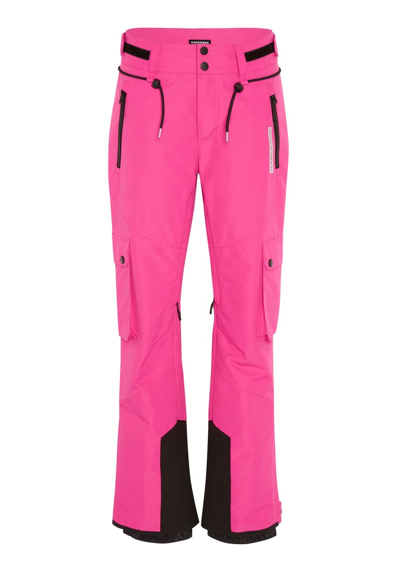 Rosa Schneehose mit kontrastierenden schwarzen Akzenten. Merkmale sind verstellbare Taille, seitliche Reißverschlusstaschen und Cargotaschen. Strapazierfähiges Material.